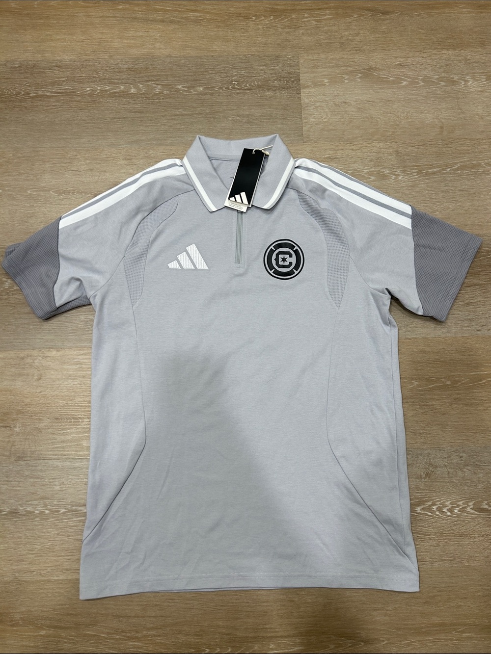 NWT Chicago Fire FC Adidas Men’s Light Gray Quarter Zip Polo with White Accents
